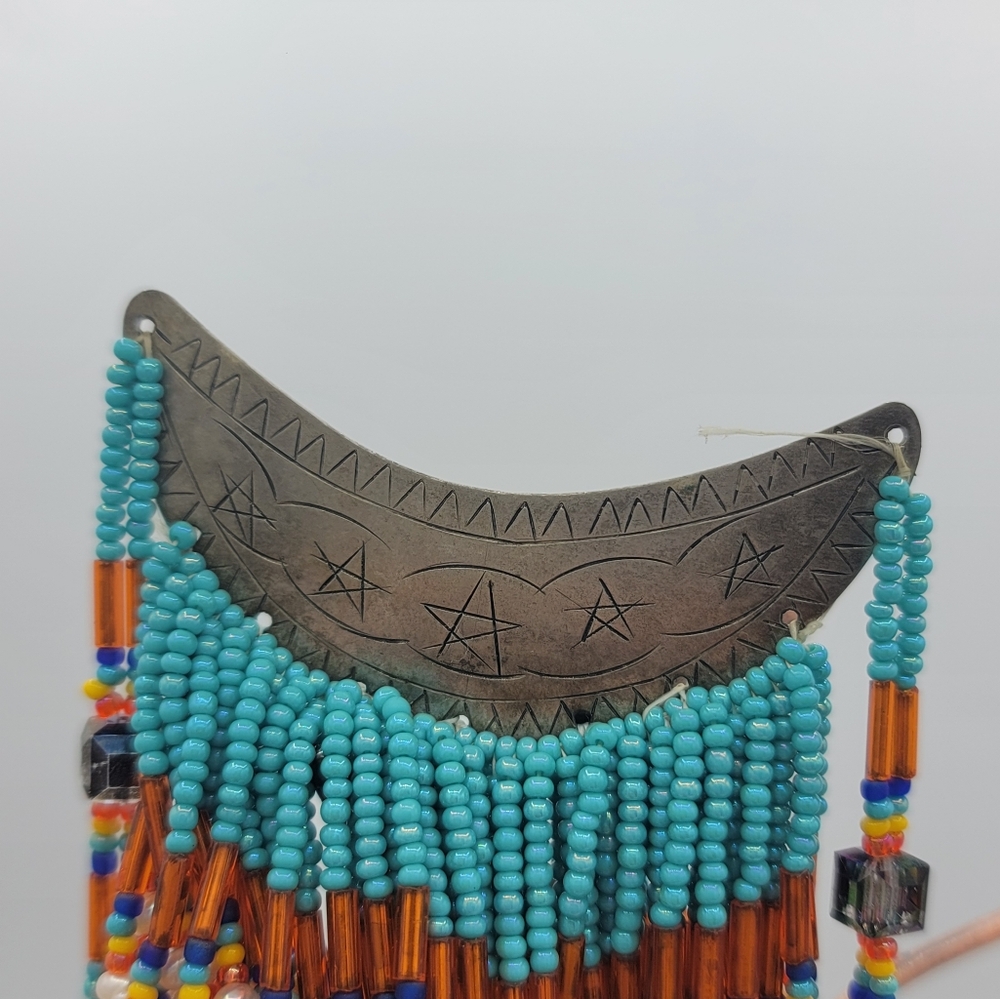 Artisan Beaded Crescent Fringe Brooch Glass Bead Statement Orange Blue Turquoise - Picture 2 of 13